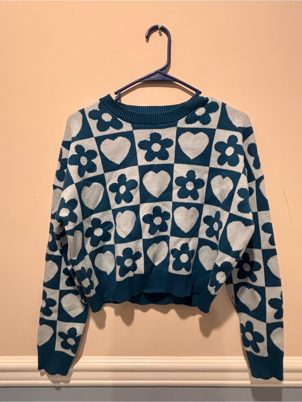 Teal and Light Blue Checker Heart & Flower Crewneck Sweater